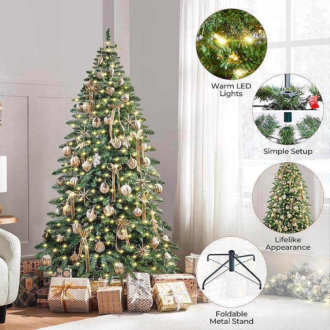 Yaheetech 6ft Pre-Lit Christmas Fir Tree with 400 Warm LED Lights & 940 PVC Tips,Hinged Holiday Decorative Tree with Foldable Stand & Protective Foot Caps,Green