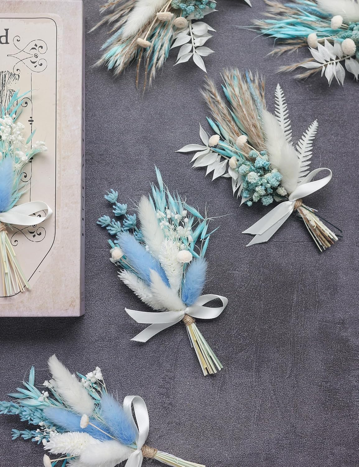 Mini Dried Flower Bouquet Set (6 pcs), Small Blue Bouquet, Boho Wedding Dinner Plate Decoration, Groom's and Best man's Boutonnieres, Bridesmaid Flower Girl Proposal Gift Box, Card Decoration. (Blue)