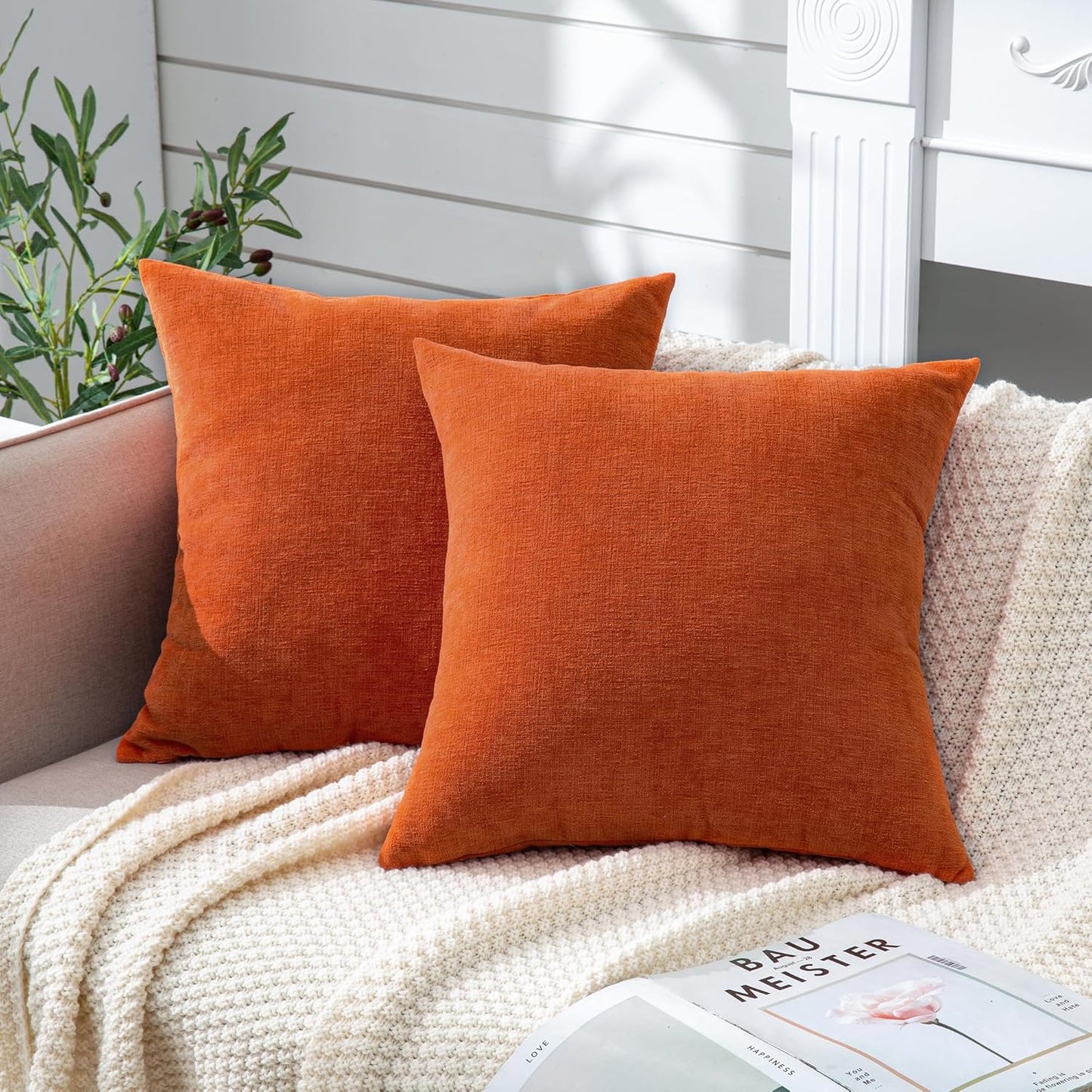 GAWAMAY Decorative Square 16x16 Inch Throw Pillow Covers Set of 2, Super Soft Chenille Pillows Farmhouse Fall Pillowcase for Living Room Bedroom Sofa Couch Cushion Cover Burnt Orange 40x40cm