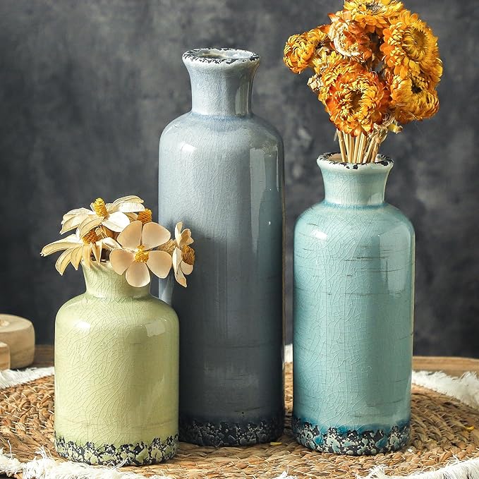 Flower Vase Set of 3, Ceramic Neutral Vases Home Decor, Pottery Rustic Farmhouse Decorative Vases Modern Decor for Table Mantel Entryway Bookshelf Living Room Kitchen Bedroom - Multicolor