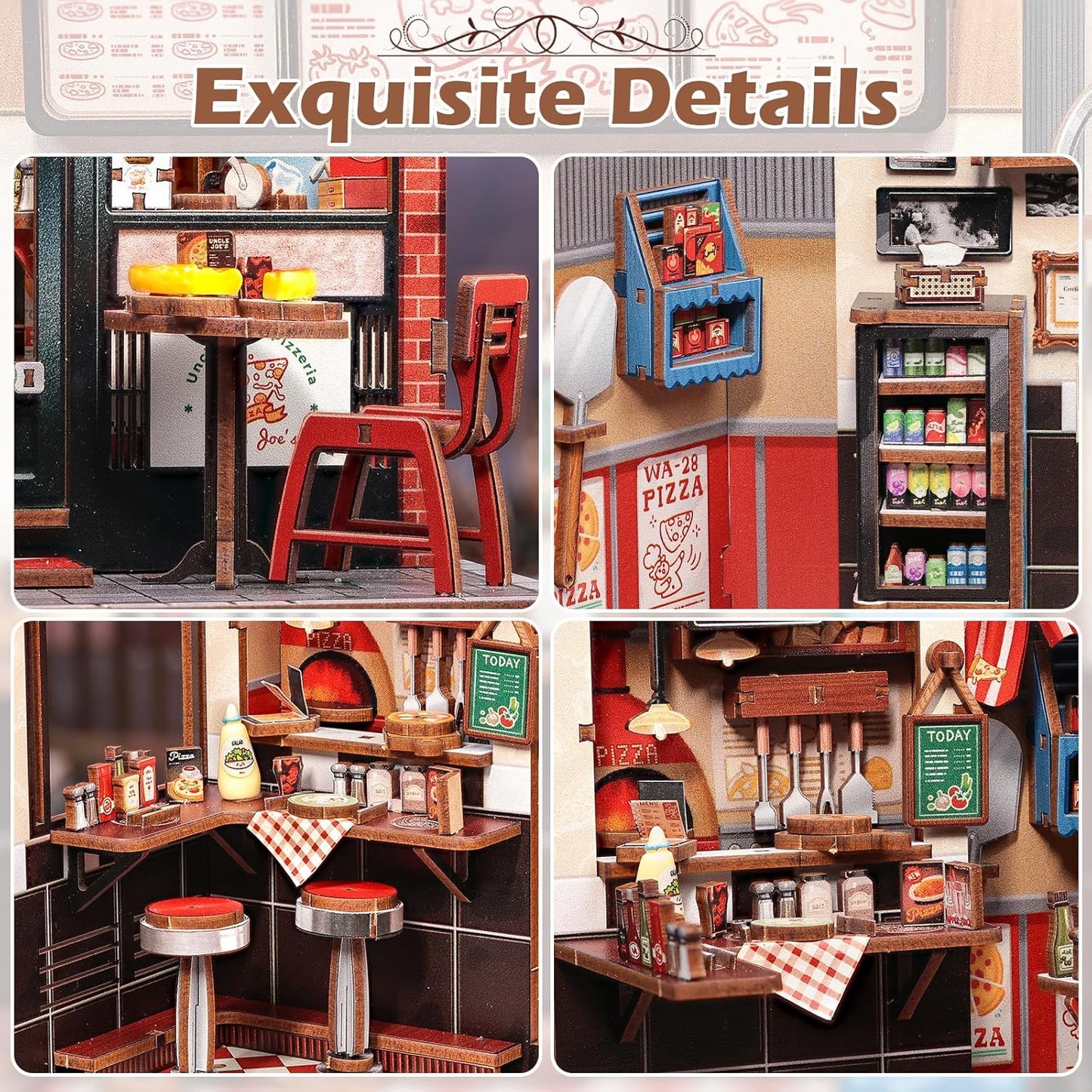 Fsolis Book Nook Kit - 3D Wood Puzzles for Adults, 285 pcs, DIY Bookshelf Scene Miniature Kit, Tiny House Mini Craft Model Gifts for Women (Uncle Joe's Pizzeria)