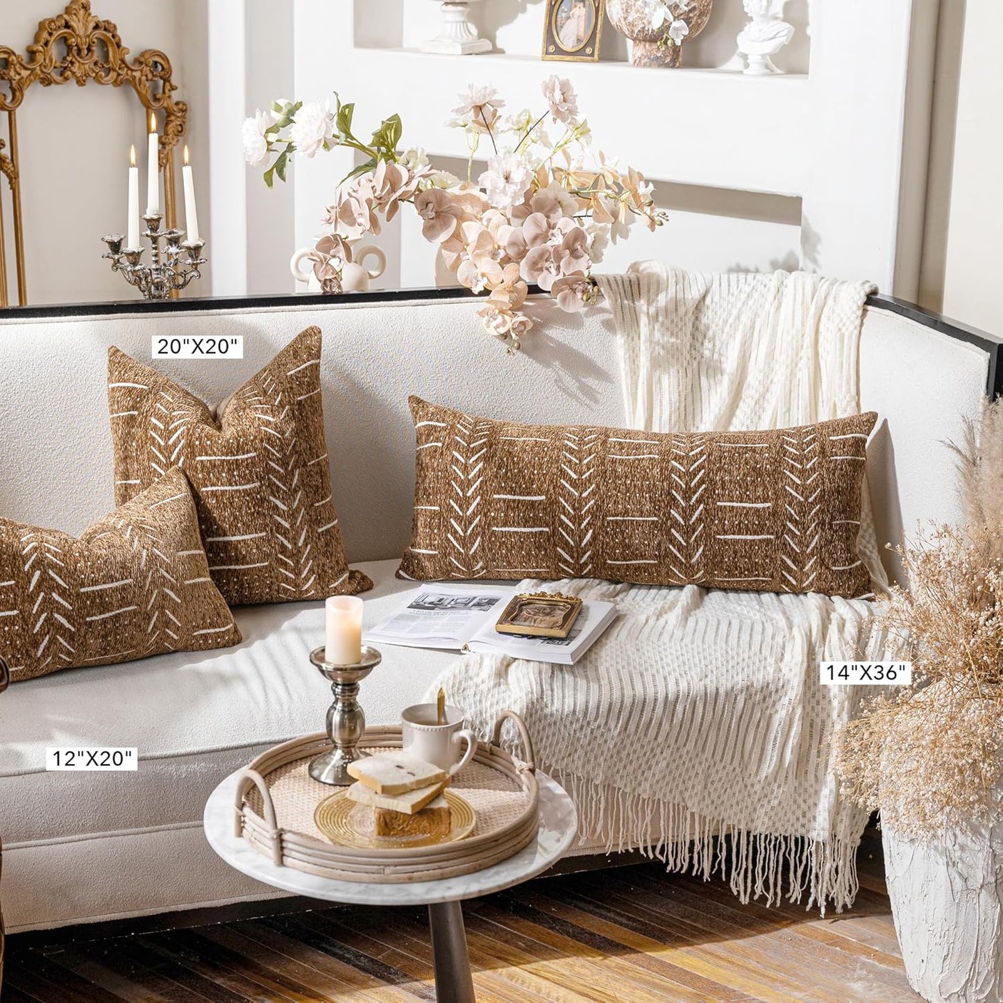 BlissBlush Fall Brown Boho Lumbar Throw Pillow Cover 14X36, Decorative Long Accent Body Lumbar Pillow for Bed, Farmhouse Woven Textured Lumbar Pillowcase for Couch (Cover ONLY)