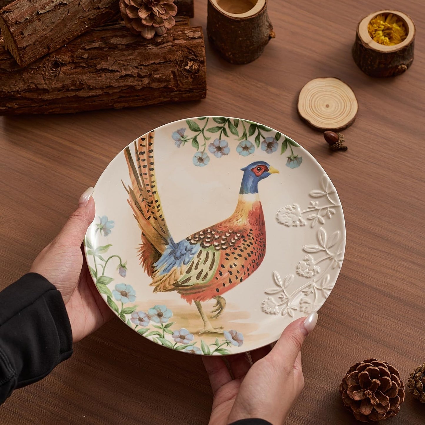 Bico Autumn Birds Salad Plates Set of 4, 8.75 Inch Ceramic Dessert Plates for Salad, Appetizer, Side Dishes, Microwave and Dishwasher Safe, Gift for Housewarming and Thanksgiving