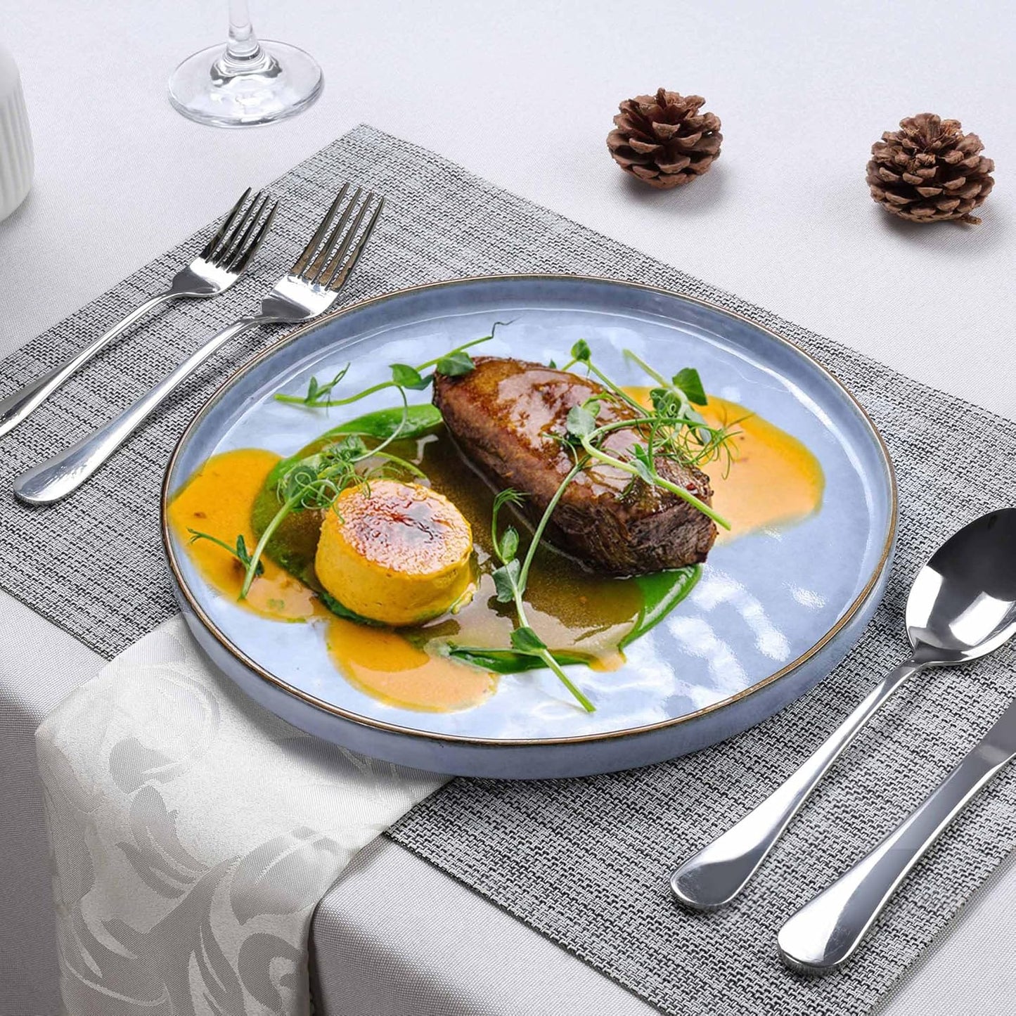 LIANYU 6PCS Ceramic Flat Dinner Plates Set, Porcelain Salad Appetizer Dishes with High Edge, 7.9” Dessert Plates Set, Microwave, Oven, dishwasher Safe, Chip & Scratch Resistant, Serenity Blue