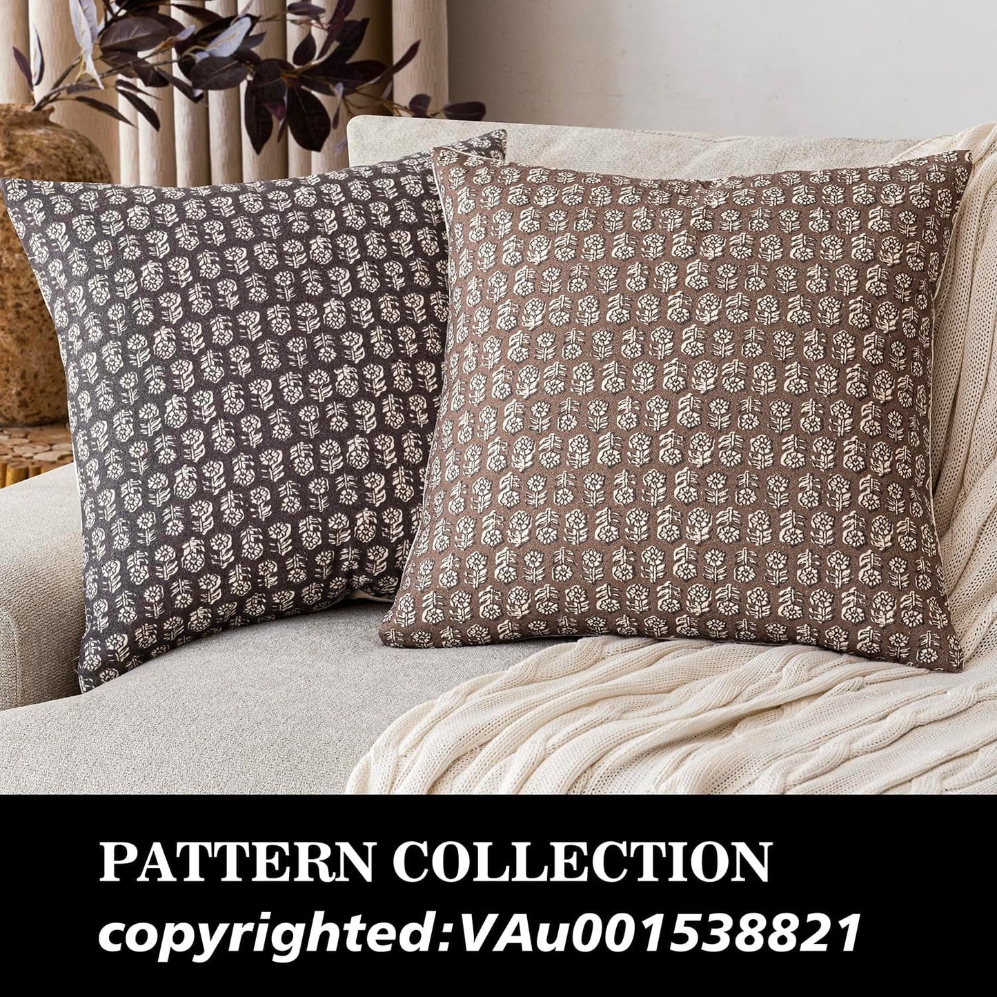 Foindtower Set of 2 Decorative Vintage Floral Print Throw Pillow Covers Neutral Modern Farmhouse Cushion Covers Boho Home Decor for Sofa Couch Chair Bedroom Living Room,20×20 Inch,Brown