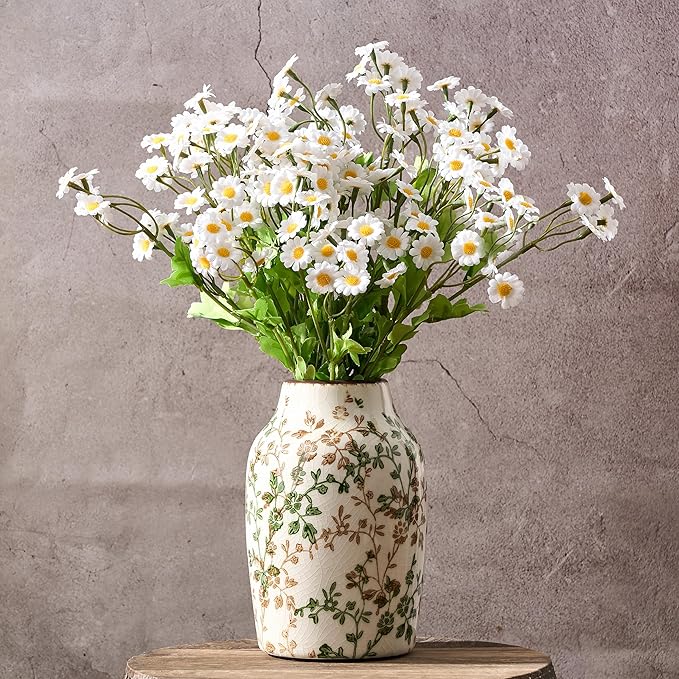 SIDUCAL Ceramic Green and Beige Antique Vase, 7 Inch Retro Ice Cracked Chinoiserie Floral Vase, Rustic Farmhouse Vases for Home Decor, Bookshelf, Office, Garden, Chinoiserie Decor, Tuscan Decor