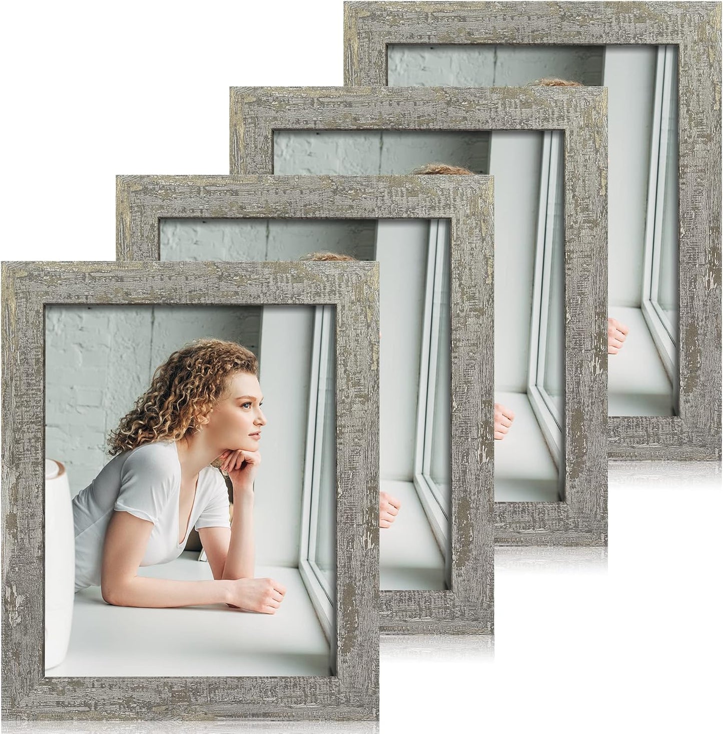 iRahmen 8x10 Picture Frame Set of 4, High Definition Glass Distressed Moss Green Frame, 8 x 10 Wood Photo Frames for Tabletop Display and Wall Mounting