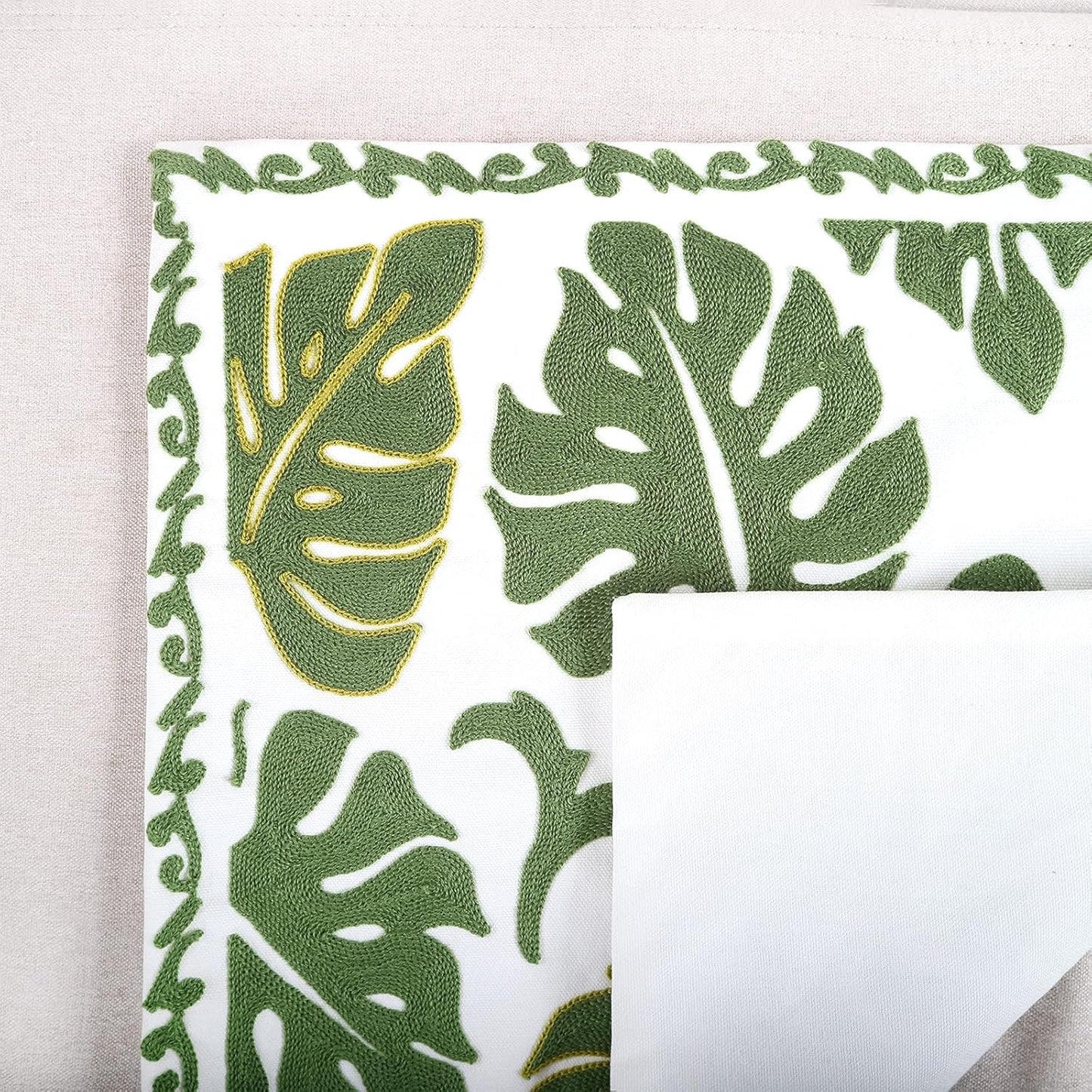 Embroidery Throw Pillow Cover 18x18 Tropical Leaves Home Decor Monstera Leaf Embroidered Green Floor Pillow Cover for Couch Sofa Chair 100% Cotton Cushion Cover Pillow Case 45x45cm, 1 Piece