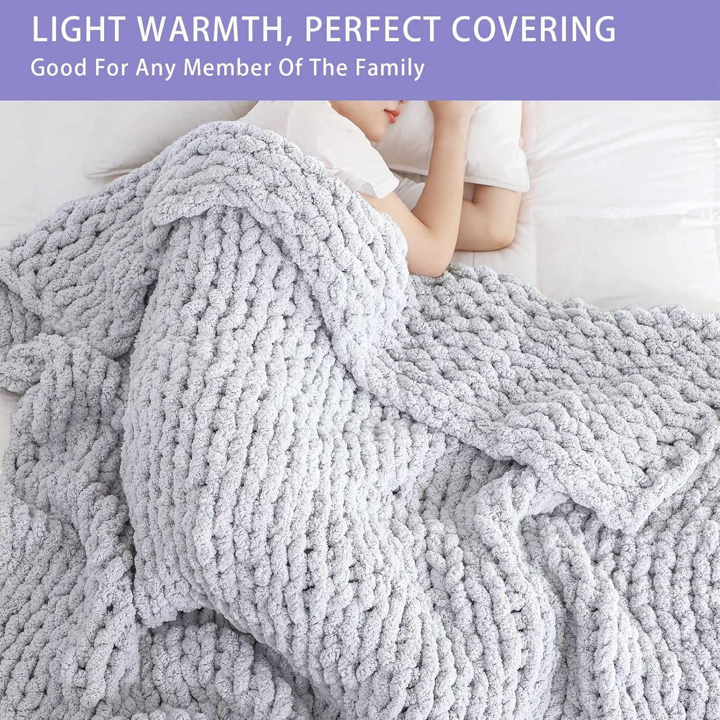 Bigacogo Chunky Knit Throw Blanket for Couch, 60x80 inches, 100% Hand Knitted with Thick Jumbo Chenille Yarn, Cozy Soft Large Rope Knot Cable Crochet Blankets for Sofa Bed Living Room, Light Grey
