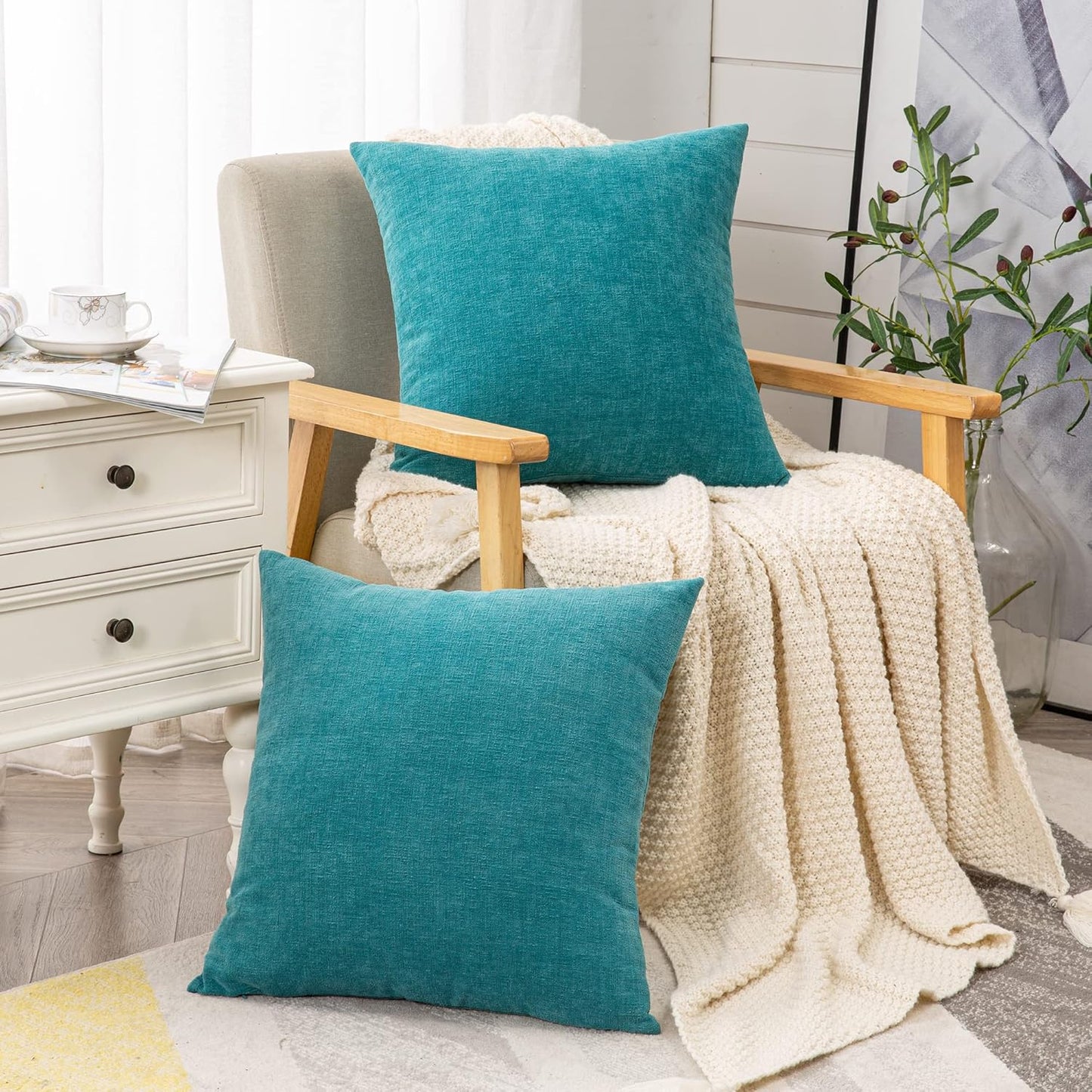 GAWAMAY Decorative Square Throw Pillow Covers Set of 2 for Sofa ,Super Soft Chenille Farmhouse Pillowcases for Living Room Bedroom Home Decoration Couch Cushion Cover Teal 50x50cm/20x20 Inch