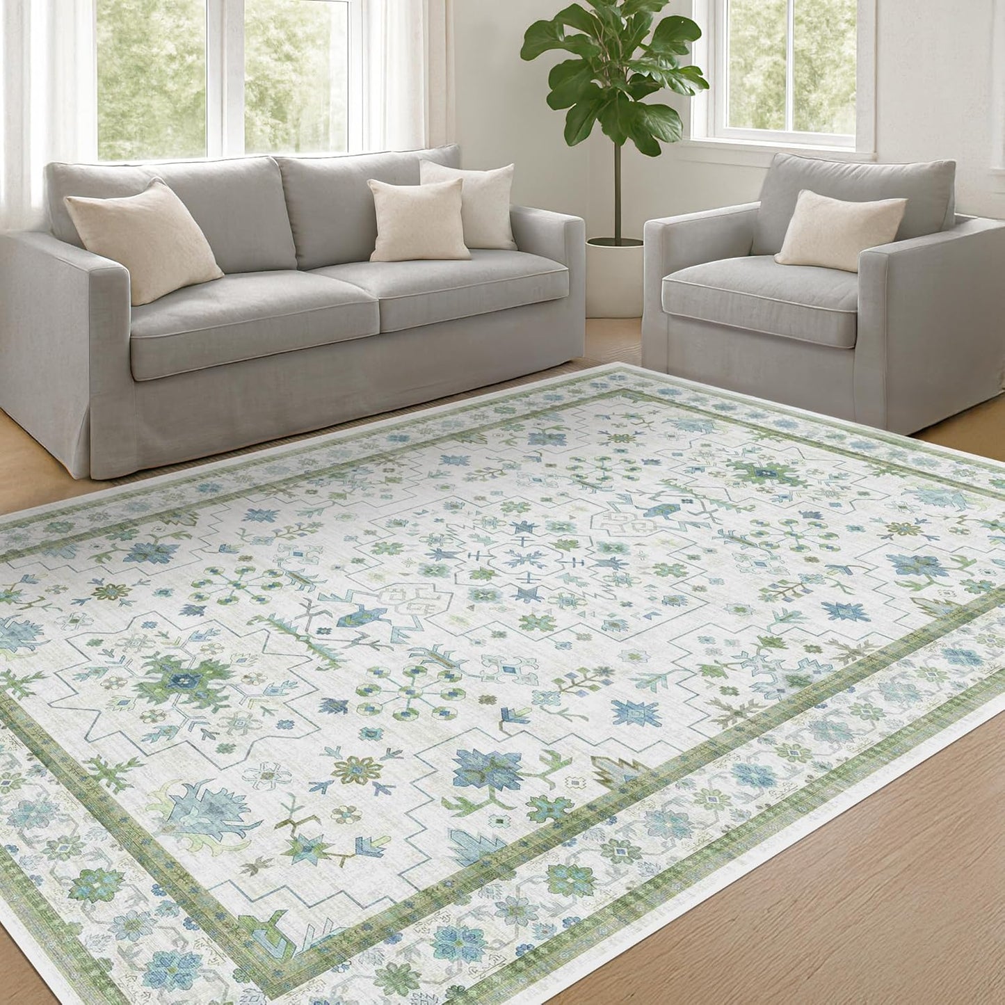 Cream Oushak 6x8 Bedroom Rug - Boho Floral Cool Blue and Green, Washable Low Pile Non-Slip Ultra-Thin Large Area Rugs for Bed Room, Living Room