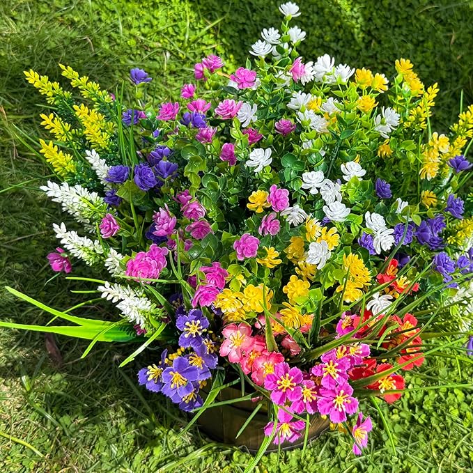 16 Bundles Artificial Flowers for Outdoor,No Fade UV Resistant Fake Flowers,Faux Plants for Outside Hanging Planters,Artificial Plants for Indoor Porch Garden Home Wedding Decor(Multi Color)
