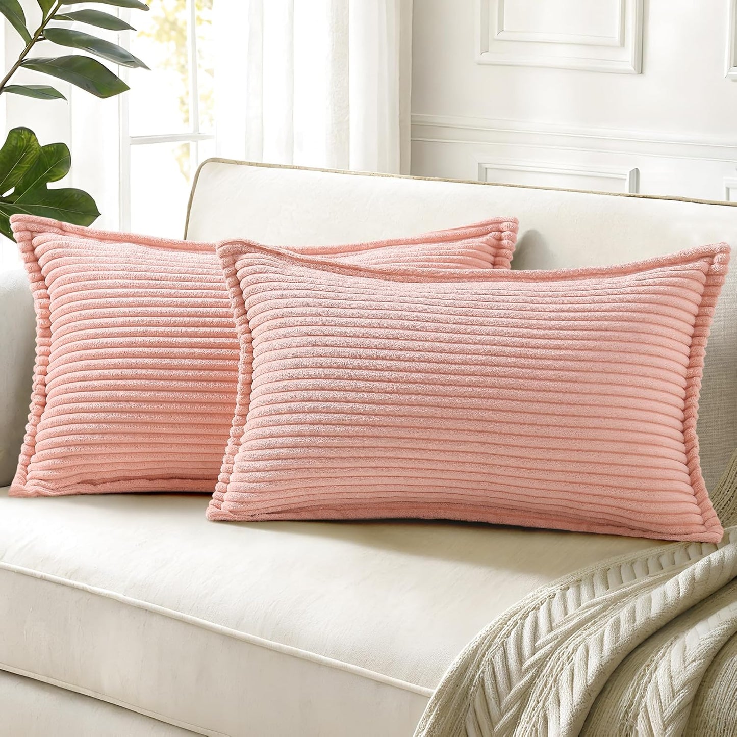 decorUhome Corduroy Pink Throw Pillow Covers 12x20 Set of 2 Decorative Soft Boho Farmhouse Lumbar Euro Couch Pillow Covers for Living Room Bed Sofa Broadside Striped Pillow Cases