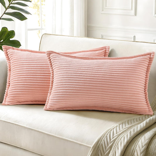 decorUhome Corduroy Pink Throw Pillow Covers 12x20 Set of 2 Decorative Soft Boho Farmhouse Lumbar Euro Couch Pillow Covers for Living Room Bed Sofa Broadside Striped Pillow Cases