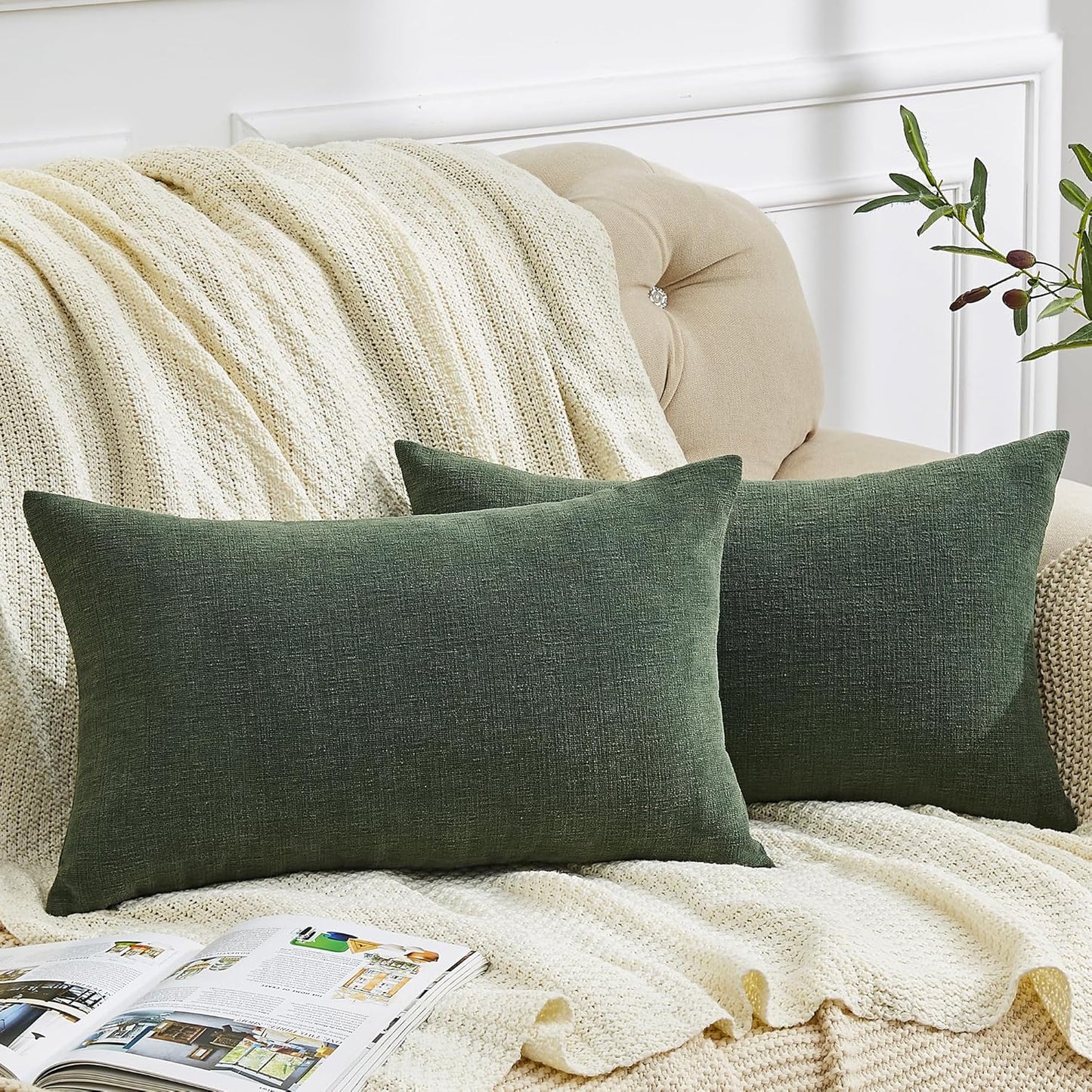 GAWAMAY Decorative Rectangle Throw Pillow Covers Lumbar Support Pillow 12"x20" Inch Set of 2, Soft Chenille Pillowcase for Living Room Bedroom Sofa Couch Cushion Cover Dark Green 30x50cm (No Insert)