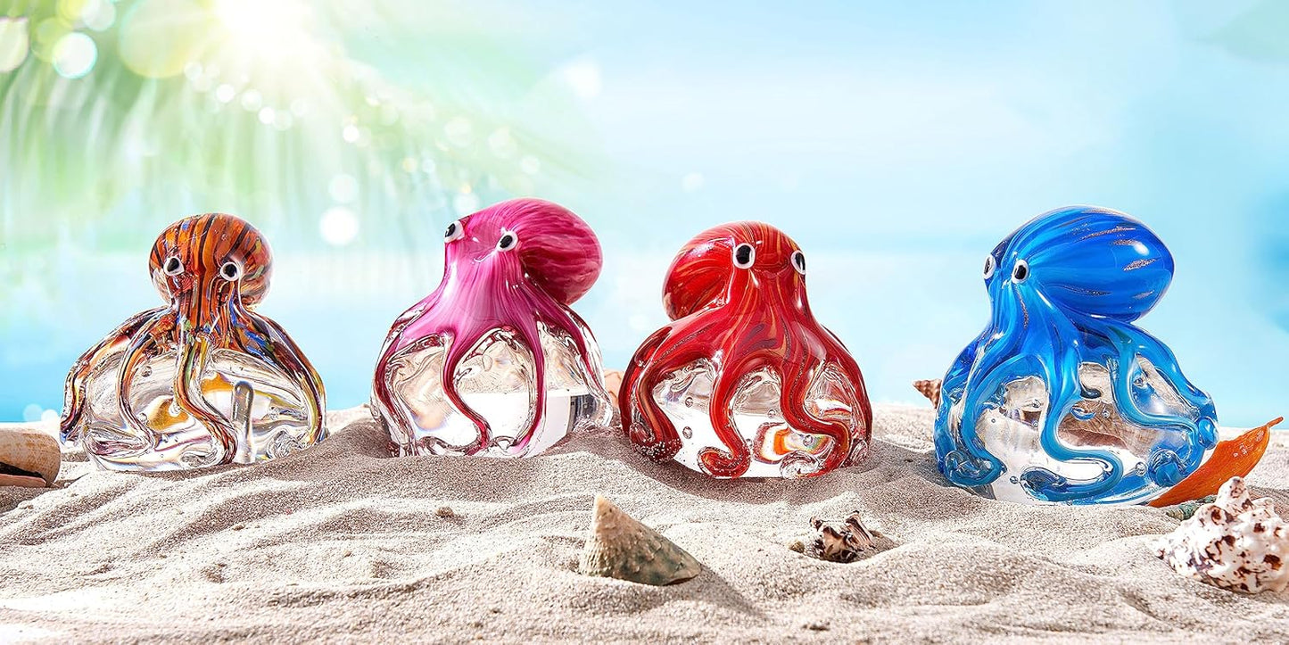 EUSTUMA Hand Blown Glass Octopus Figurine Ornament,Sea Animal Ornament for Fish Tank Aquarium,Sea Animals Collection for Birthday Gift,Glass Office Paperweight for Desk.