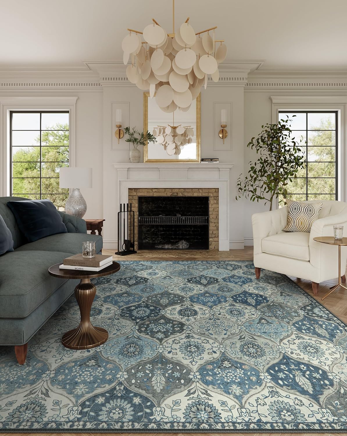 Lahome Moroccan Trellis Washable Rugs 9x12, Soft 9x12 Area Rug for Living Room Bedroom, Ultra-Thin Non-Slip Non Shedding Distressed Throw Large Carpet for Dining Room Office, Blue