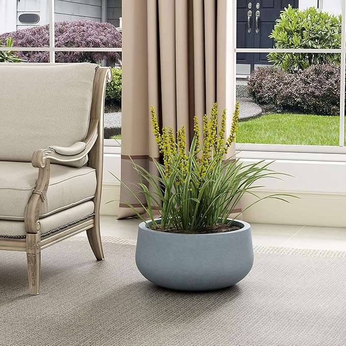 Kante 15.7" Dia Round Concrete Planter, Cement Plant Pots with Drainage Hole and Rubber Plug for Outdoor Indoor Garden Home, Modern Curvaceous Design, Gray