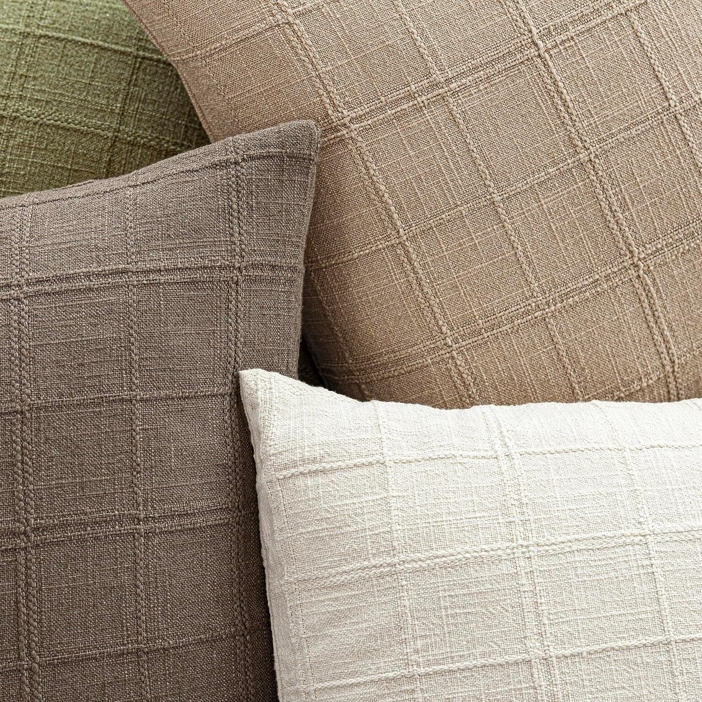 Foindtower Set of 2 Decorative Linen Check Throw Pillow Covers Neutral Farmhouse Vintage Cushion Covers Modern Coastal Boho Home Decor for Sofa Chair Couch Bedroom Living Room,18×18 Inch,Camel