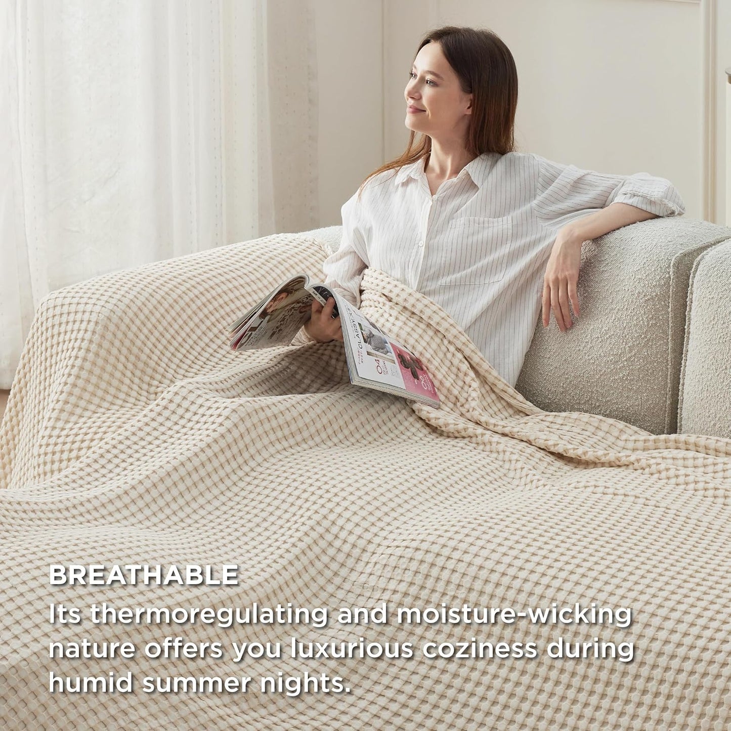 Bedsure Cooling Cotton Waffle Oversized King Blanket - Lightweight Breathable Blanket of Rayon Derived from Bamboo for Hot Sleepers, Light Beige, 120x96 Inches