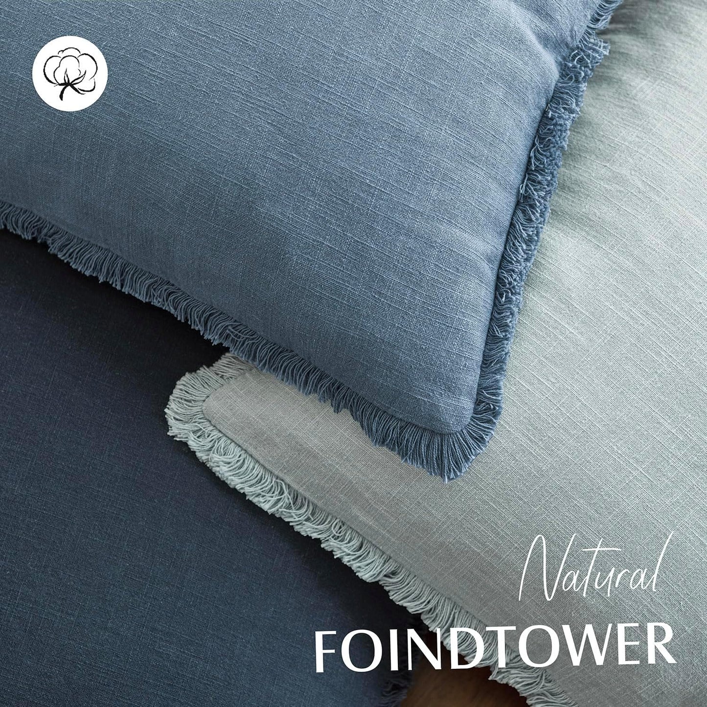 Foindtower Decorative Linen Fringe Throw Pillow Covers Cozy Boho Farmhouse Cushion Cover with Tassels Accent Pillowcase for Chair Sofa Bed Living Room Home Decor, 22×22 Inch,1PC,Misty Blue