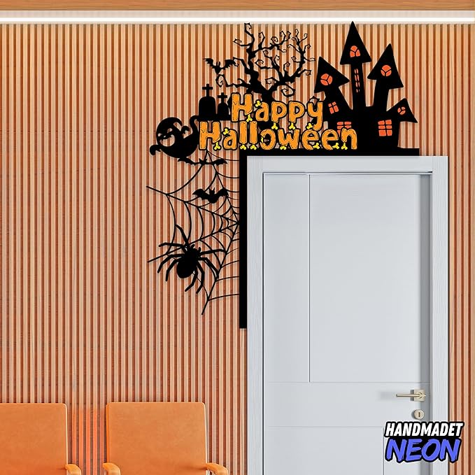 Personalized Metal Happy Halloween Door Toppers, Custom Haunted House Ghosts Spider Web Door Corner Sign, UV Printed Spooky Frame Top Decorative Creative Silhouette Wall Art Decor