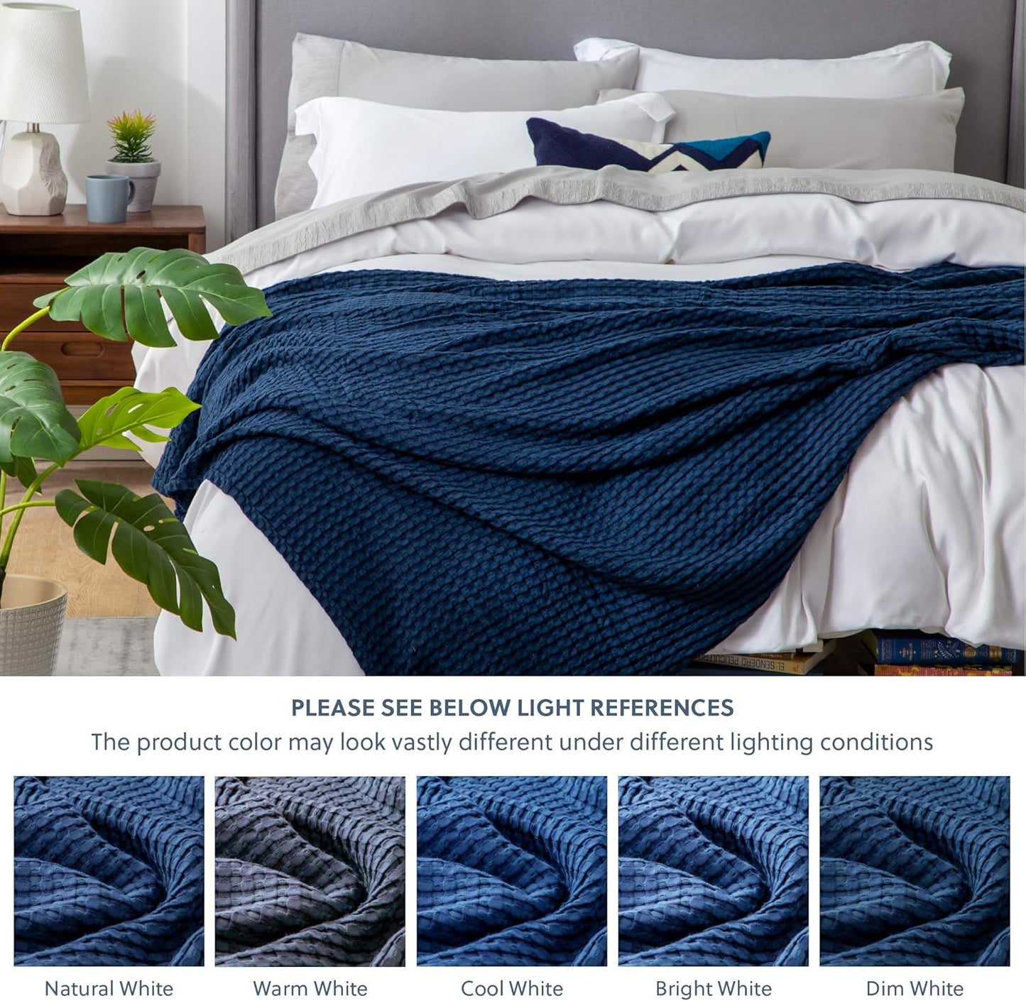 Bedsure Cooling Cotton Waffle Twin XL Blanket - Lightweight Breathable Blanket of Rayon Derived from Bamboo for Hot Sleepers, Luxury Throws for Bed, Couch and Sofa, Navy, 66x90 Inches