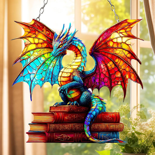 Dragon with Book Acrylic SUNCATCHER Fant Sun Catchers Indoor Windown Suncatchers for Windows Hanging Christmas Suncatchers Window Decor Outdoor Suncatcher Holiday Custom Gifts