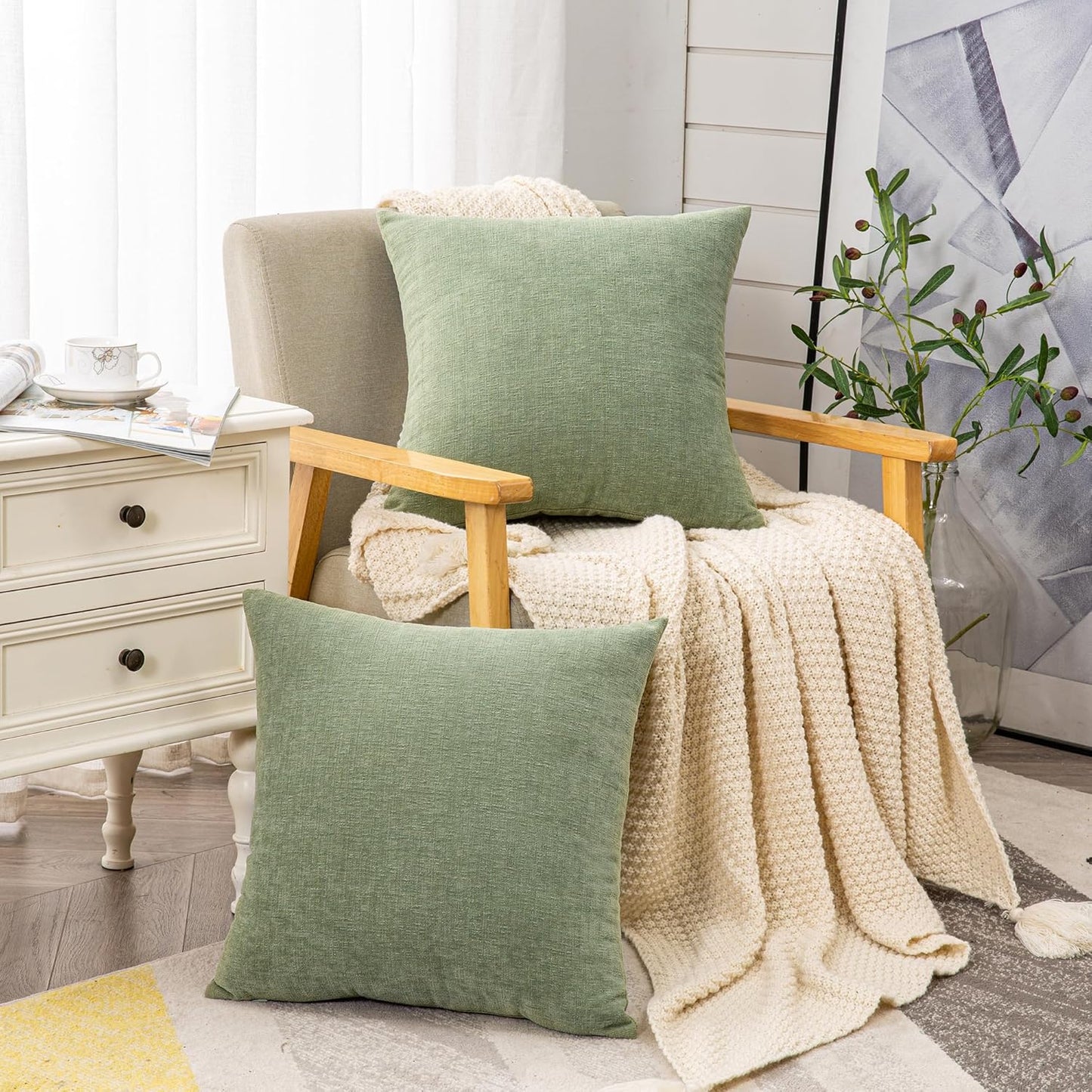 GAWAMAY Decorative Throw Pillow Covers 16x16 Inch Set of 2, Super Soft Chenille Square Pillows Farmhouse Fall Pillowcase for Living Room Bedroom Sofa Couch Cushion Cover 40x40cm Sage Green
