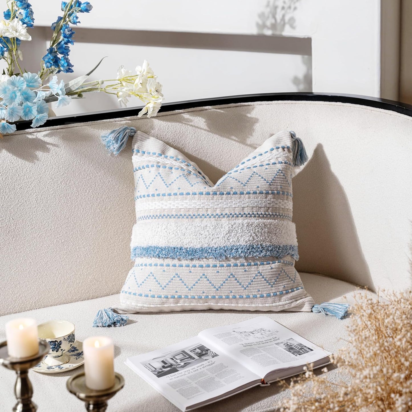 BlissBlush Blue Decorative Throw Pillow Cover 18x18 Square Boho Neutral White Accent Pillowcase Tassels Farmhouse Cushion for Couch Sofa Bedroom Living Room Home Décor (Cover ONLY, Pack of 1)