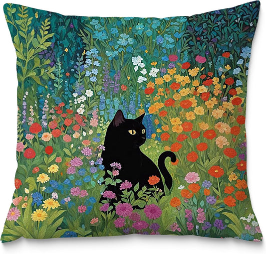 Floral Black Cat Pillow Covers 18x18, Cats Lovers Lady Gifts, Cat Mom Grandma Gifts, Cats in Colorful Wildflower Decorative Pillow Covers for Home Bedroom Living Room Office Decor