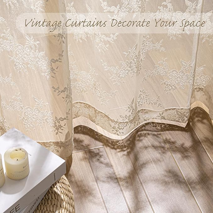 MEETSKY Boho Lace Sheer Curtains 90 Inches Long for Dining/Living Room Vintage Victorian Curtain French Elegant Back Tab Rod Pocket Light Filtering Drapes, 50" Wide Each Panel, 2 Panels, Oatmeal Beige