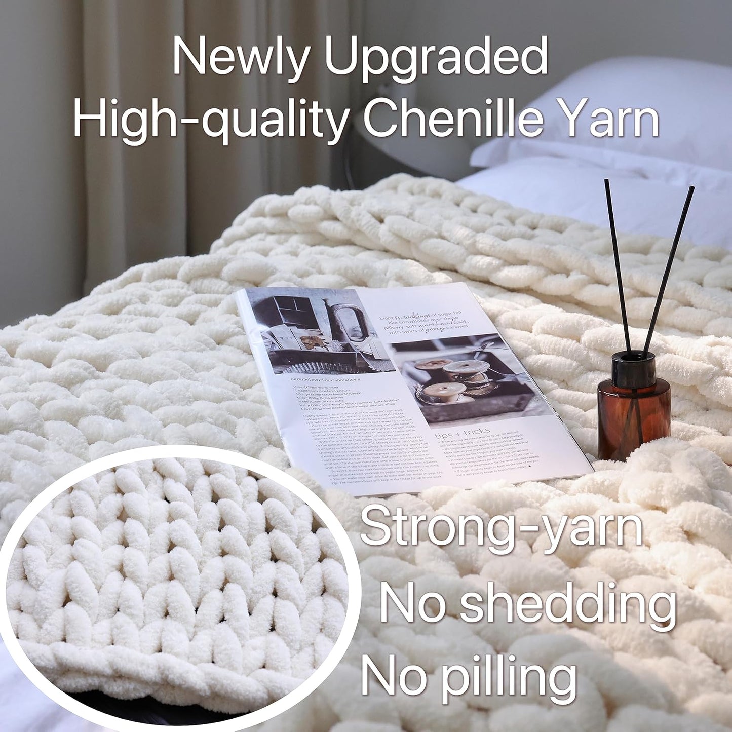 Maetoow Chenille Chunky Knit Blanket Throw （82×86 Inch）, Handmade Warm & Cozy Blanket Couch, Bed, Home Decor, Soft Breathable Fleece Banket, Christmas Thick and Giant Yarn Throws, Cream
