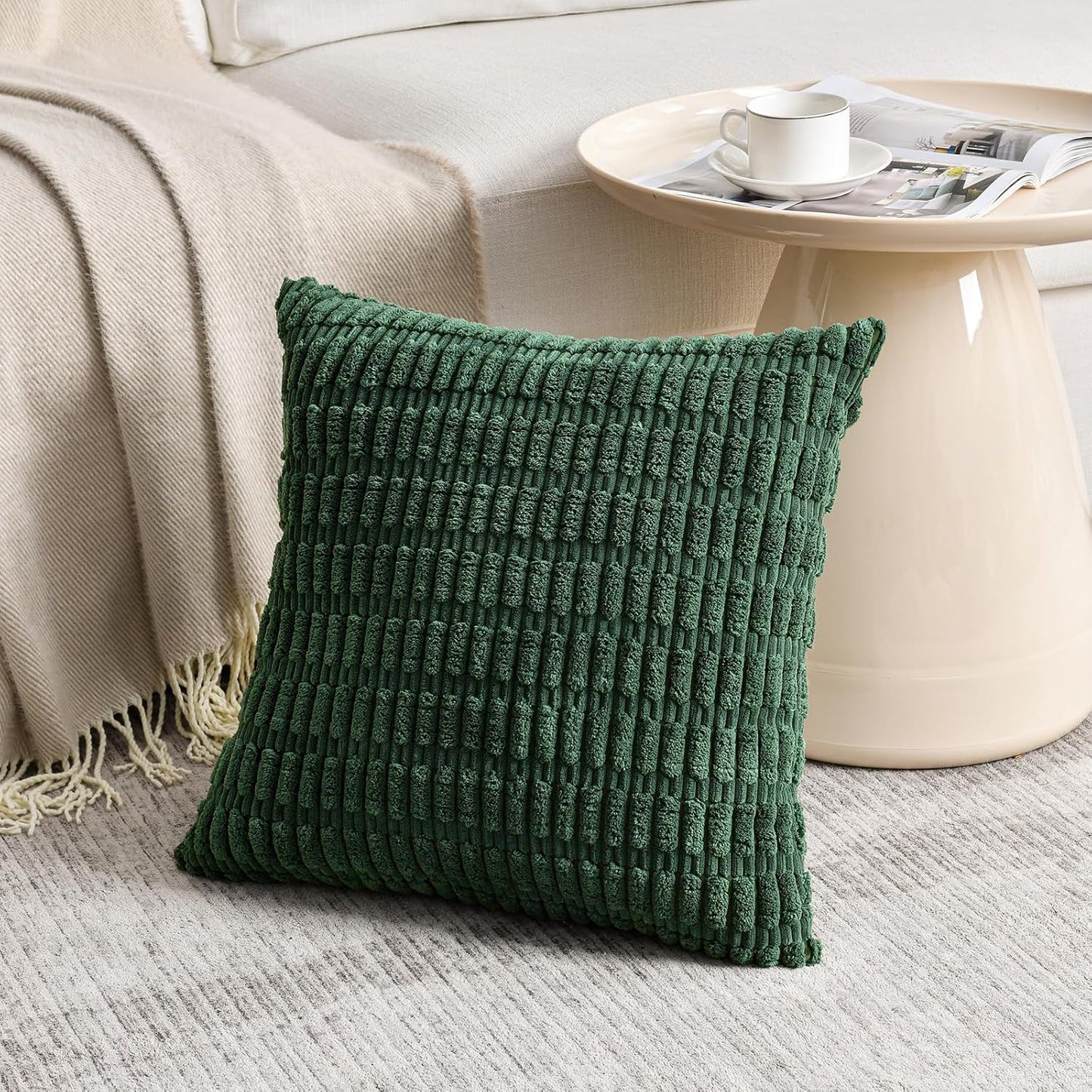 Fancy Homi Set of 4 Green Boho Winter Decorative Throw Pillow Covers 22x22 Inch for Couch Bed Sofa, Aesthetic Modern Bohemian Room Decor, Soft Fuzzy Cozy Corduroy Textured Cushion Case 55x55cm