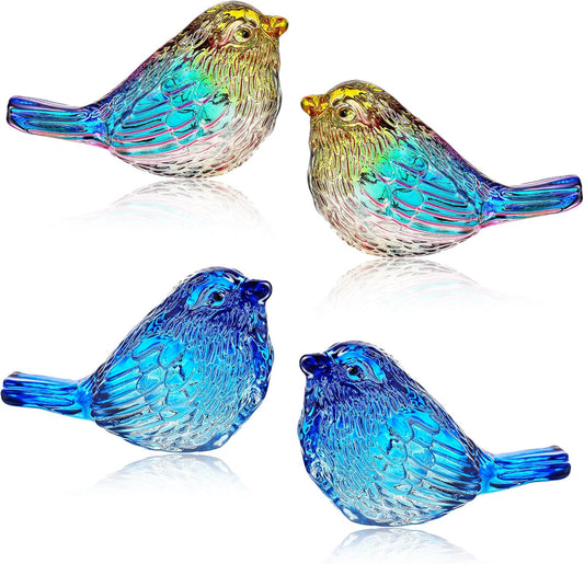 HDCRYSTALGIFTS Set 4 Crystal Bird Figurines - 3'' Art Glass Animals Sculptures Gift for Bird Lovers Women Birthday Anniversary Table Home Decor