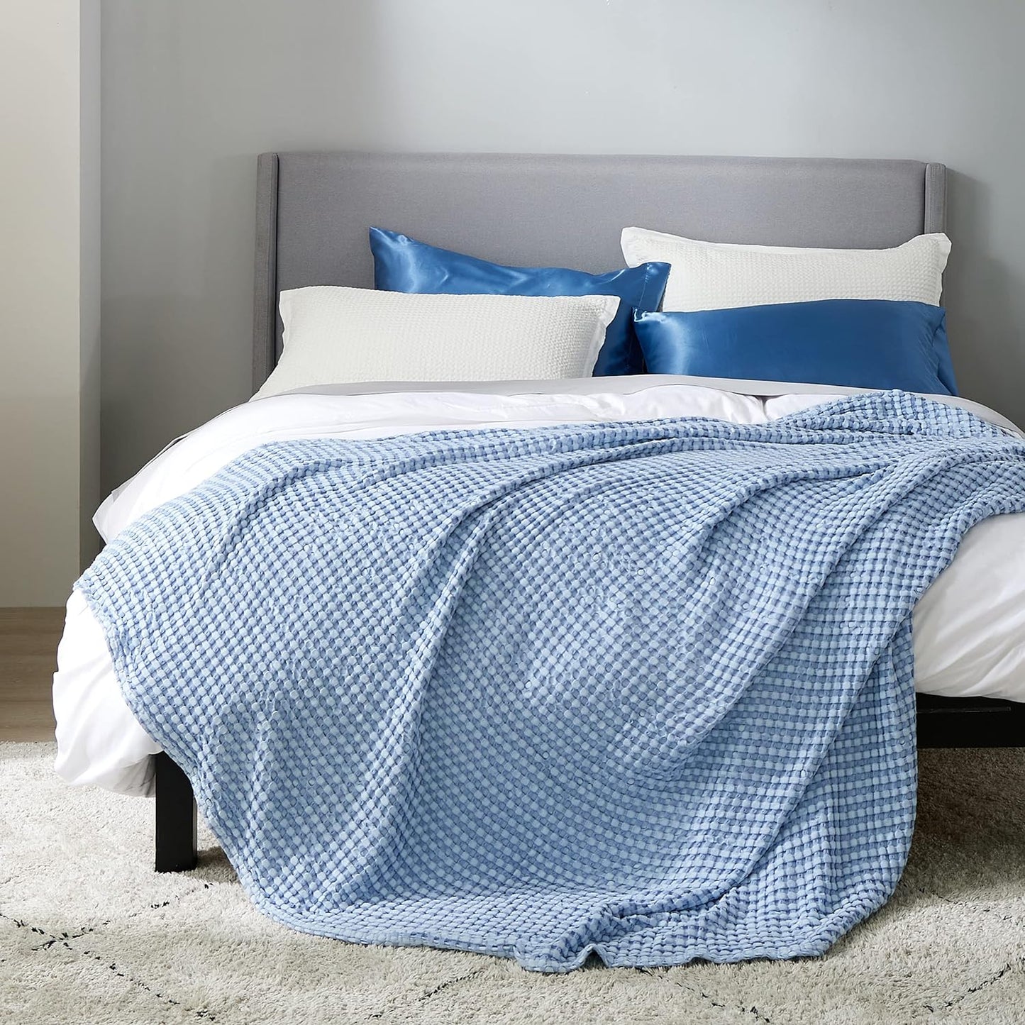 Bedsure Cooling Cotton Waffle King Size Blanket - Lightweight Breathable Blanket of Rayon Derived from Bamboo for Hot Sleepers, Luxury Throws for Bed, Couch and Sofa, Sky Blue, 104x90 Inches