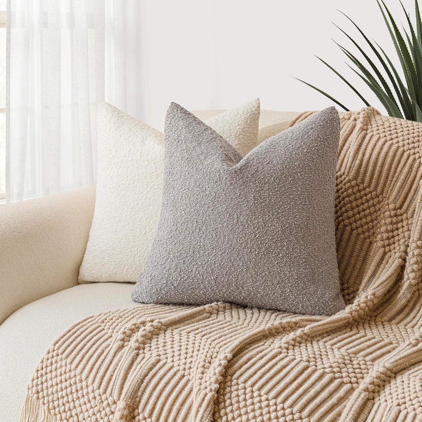 Foindtower Decorative Textured Boucle Throw Pillow Covers Accent Solid Pillow Cases Neutral Soft Cozy Couch Cushion Case for Chair Sofa Bedroom Living Room Home Decor 16x16 Inch,1PC,Neutral Grey