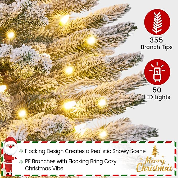 Yaheetech 3FT Pre-lit Potted Flocked Christmas Tree, Snow Frosted Mini Tabletop Artificial Christmas Tree with 50 Warm White LED Lights and 355 PE Branch Tips for Holiday Decoration