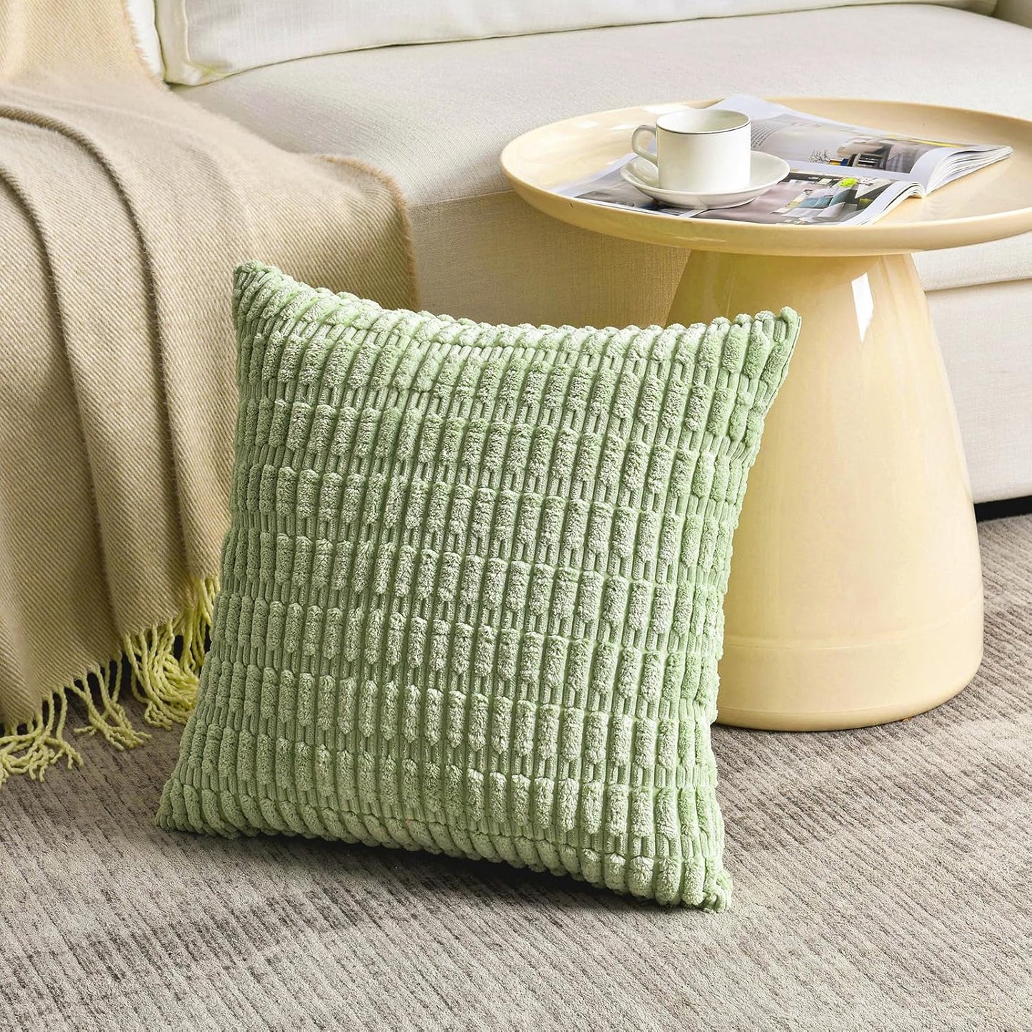 Fancy Homi Set of 4 Spring Boho Decorative Throw Pillow Covers 26x26 Inch for Couch Bed Sofa, Sage Green Yellow Room Decor, Soft Fuzzy Fluffy Cozy Corduroy Textured Cushion Case 66x66cm