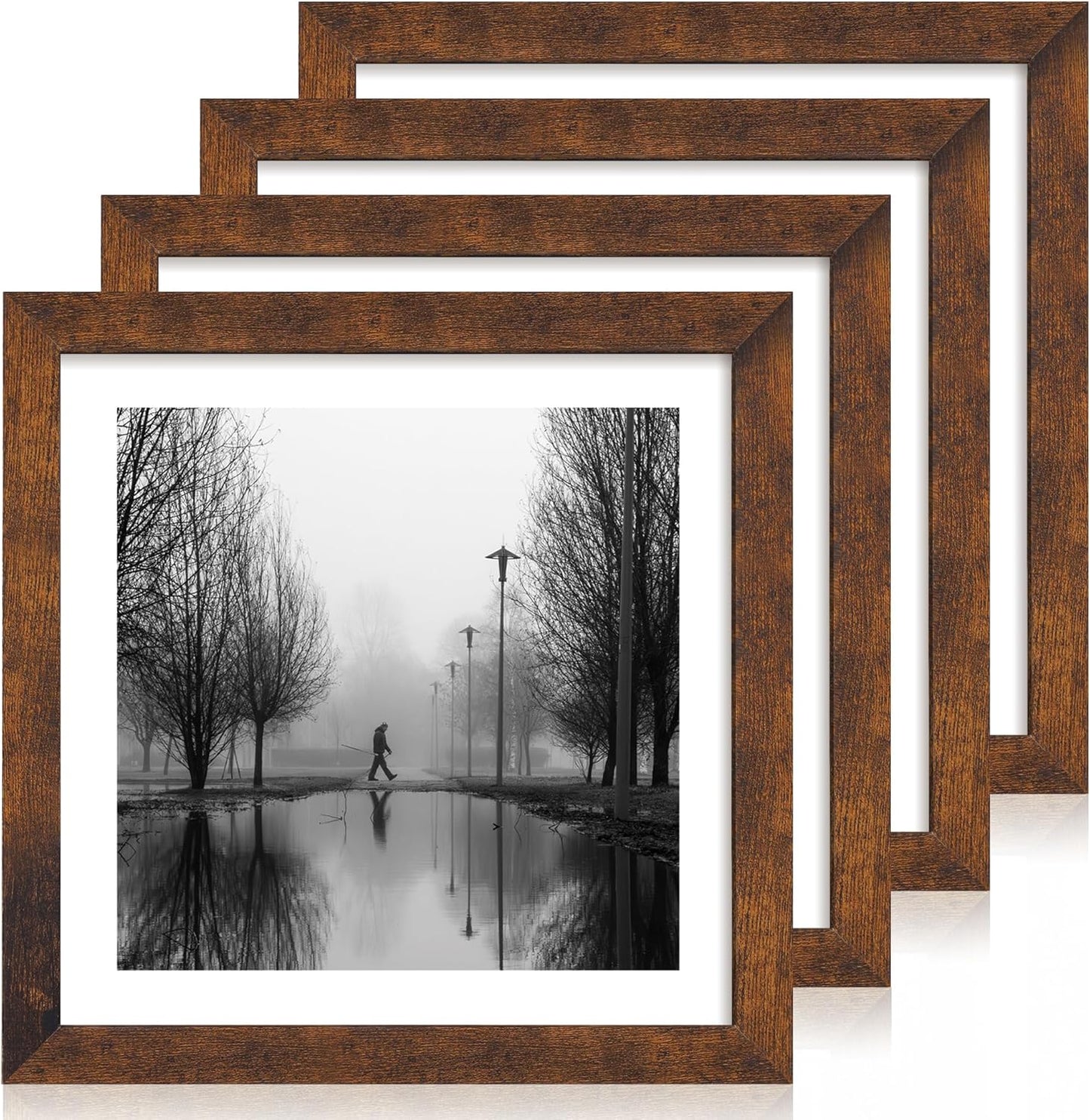 iRahmen 12x12 Picture Frame Set of 4 with Tempered Glass, Rustic Frame Display 10x10 Pictures with Mat or 12 x 12 Without Mat, Wood Square Photo Frames for Desktop Display and Wall Mounting