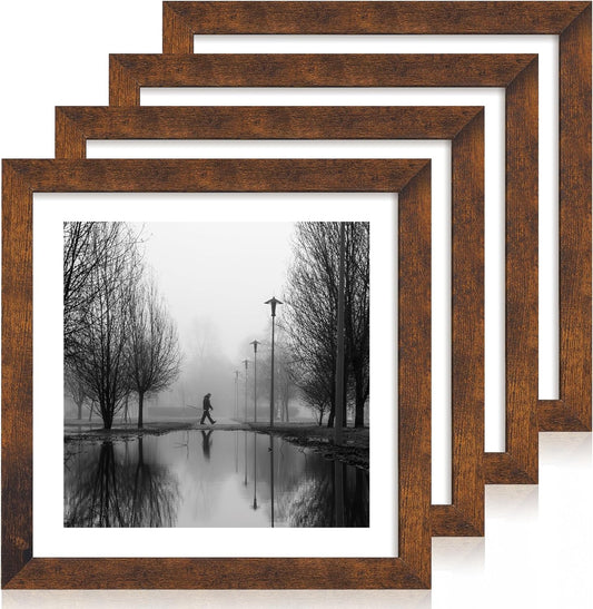 iRahmen 12x12 Picture Frame Set of 4 with Tempered Glass, Rustic Frame Display 10x10 Pictures with Mat or 12 x 12 Without Mat, Wood Square Photo Frames for Desktop Display and Wall Mounting