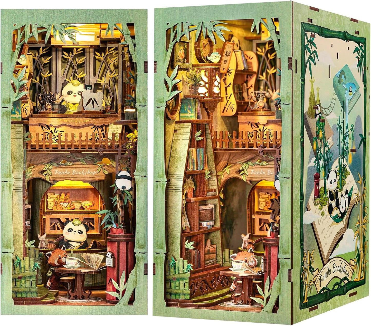 Cutefun DIY Book Nook Kit - Dollhouse Bookend Tiny House for Adults, 3D Wooden Puzzle DIY Miniature House Kit for Bookshelf Insert Decoration, Gifts for Friends and Family（Panda Bookshop）