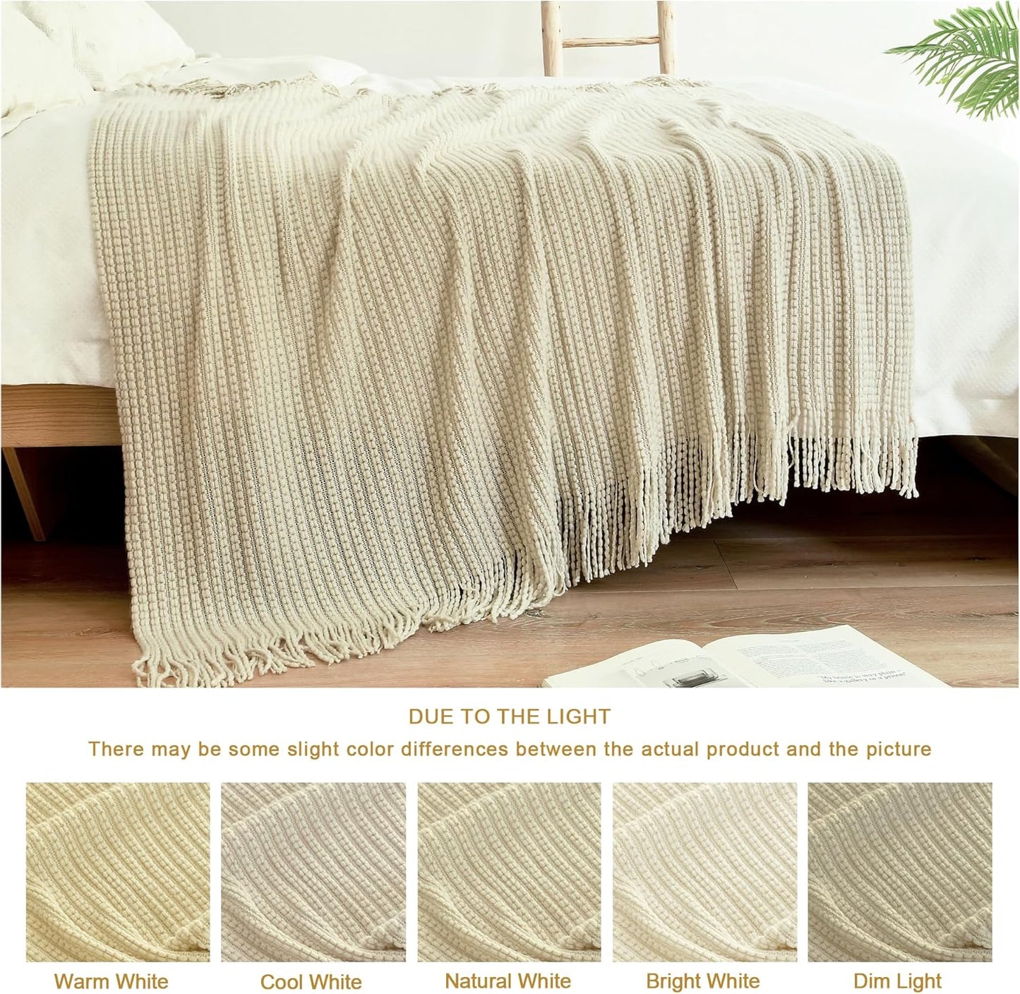 Blagic Knitted Throw Blanket for Couch,Soft Farmhouse Boho Fall Throw Blanket with Tassels,Home Decorative Lightweight, Beige Throws for Bed/Chair/Sofa, 50" W x 60" L