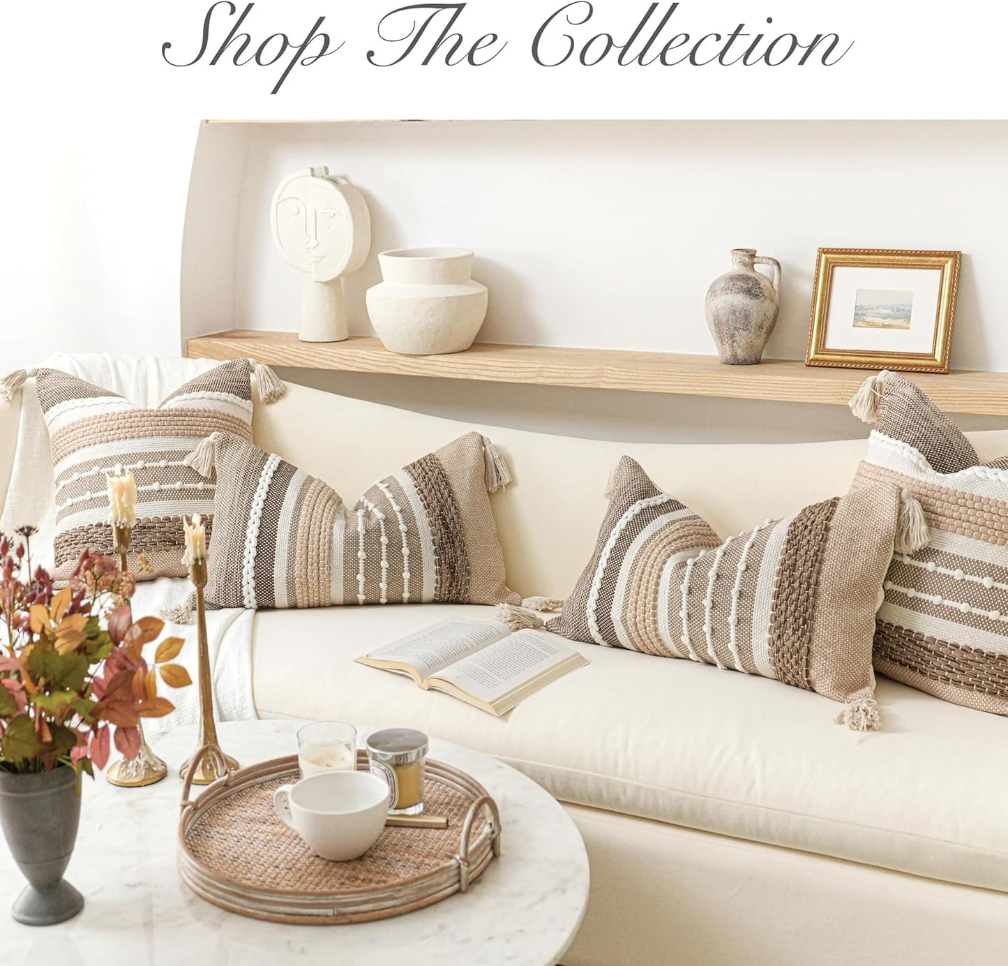 BlissBlush Brown Decorative Throw Pillow Cover 20x20 Square Boho Accent Pillowcase Tassels Farmhouse Cushion for Couch Sofa Bedroom Livingroom Home Décor Cover ONLY (Pack of 1)