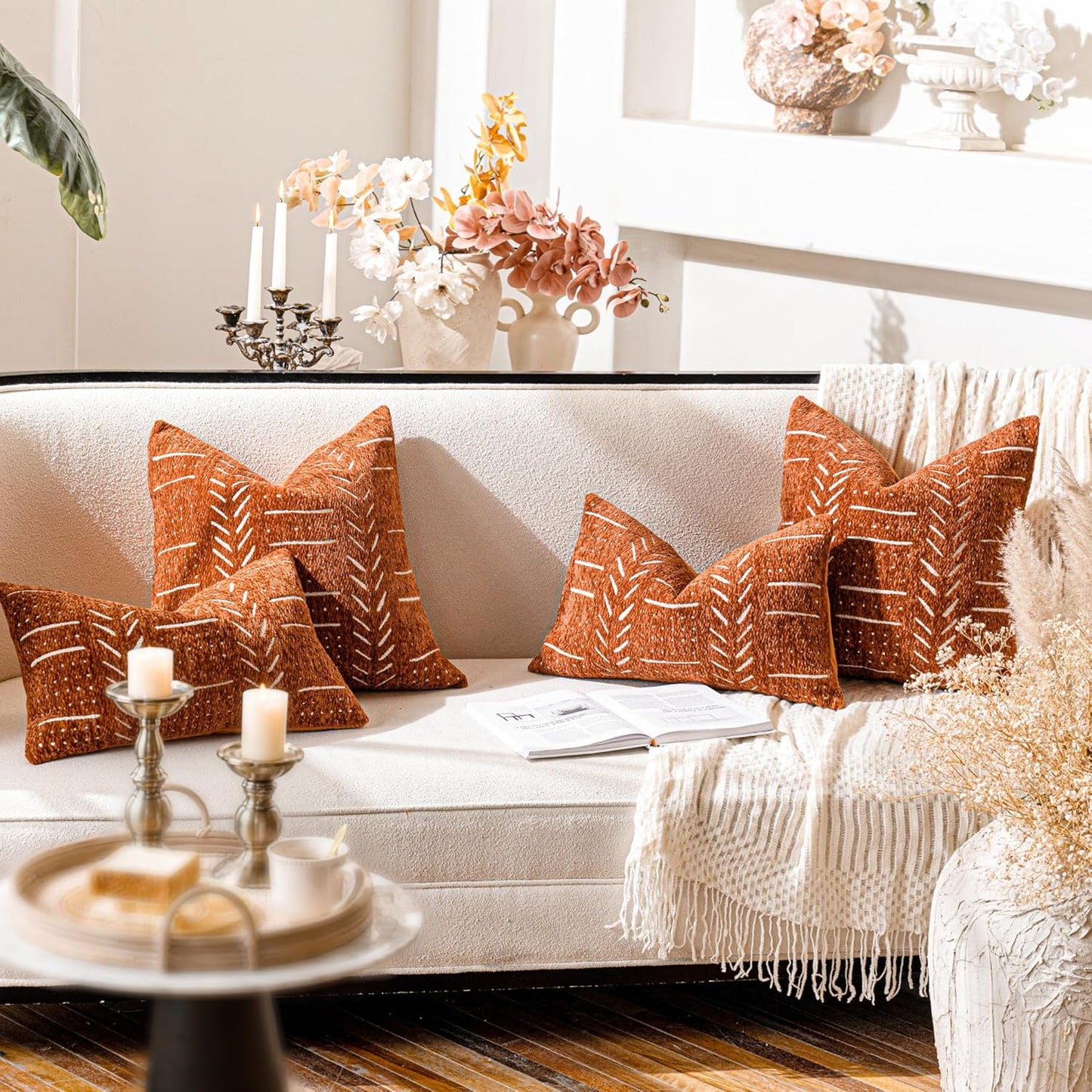 BlissBlush Fall Brick Red Decorative Throw Pillow Covers 22X22, Set of 2, Boho Farmhouse Cushion Cover, Cozy Soft Accent Pillowcase for Couch Sofa Bed Living Room Home Décor