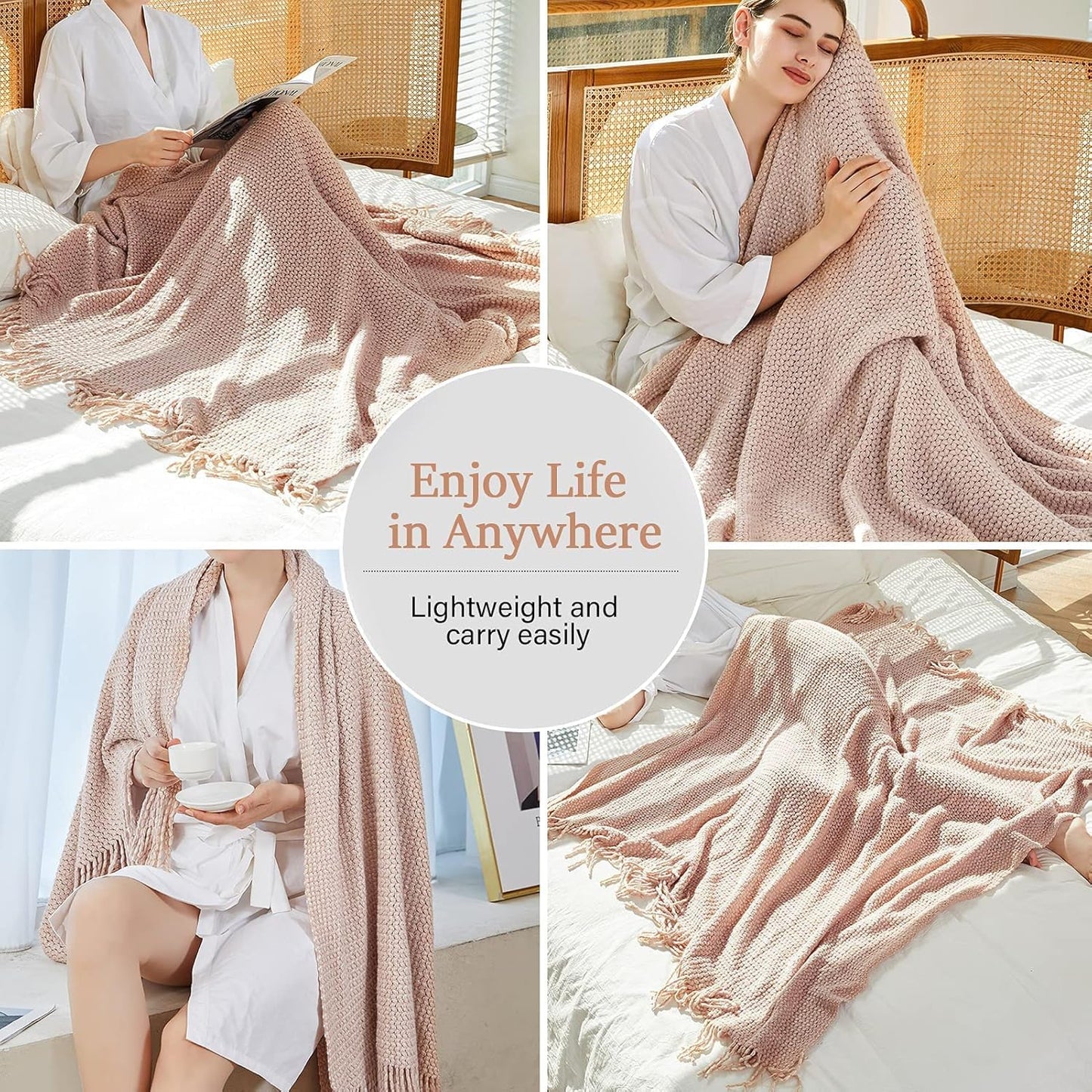 Blagic Knitted Throw Blanket for Couch,Soft Farmhouse Throw Blanket with Tassels,Home Decorative Lightweight Throw Blankets,Throws for Bed/Chair/Sofa,Wheat Textured (Light Pink & White,50" W x 60" L)