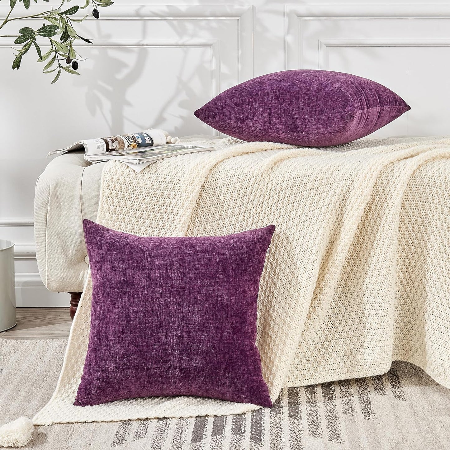 GAWAMAY Decorative Chenille Throw Pillow Covers 24x24 Inch Pack of 2, Soft Square Couch Pillow Cover for Sofa Cushion Living Room Bedroom Solid Dyed Pillowcases Purple 60x60cm (ONLY Covers)