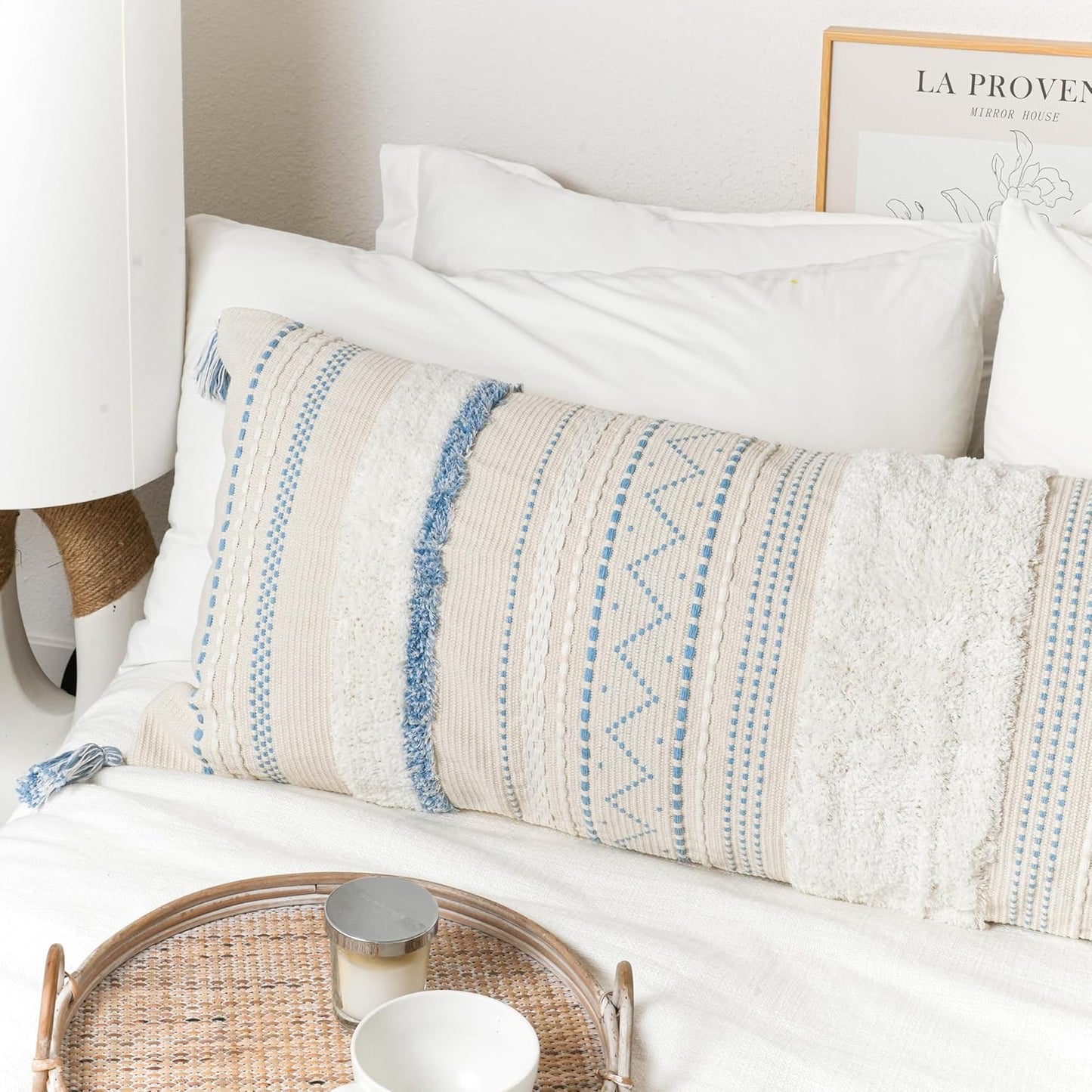 BlissBlush Large Body Pillow Cover for Bed 20x54 Coastal Blue Boho Accent Oversized Long Pillowcase for Bedroom Decorative Cushion Farmhouse Home Décor (Cover ONLY, Pack of 1)