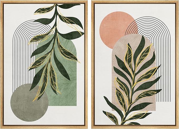 SIGNFORD Framed Canvas Print Wall Art Set Jungle Palm Leaf Geometric Polygons Abstract Shapes Illustration Modern Art Decorative Nordic Nature for Living Room, Bedroom, Office - 16"x24"x2 Natural