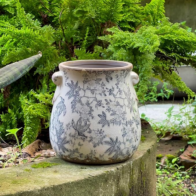 Vintage Grey Ceramic Ice Crack Glaze Flower Pot with Drainage Holes and With Handle, Country Rustic Planters for Indoor and Outdoor,Tuscan Decor,Home,Living Room, Garden Decor, Gardening Gift (Grey)